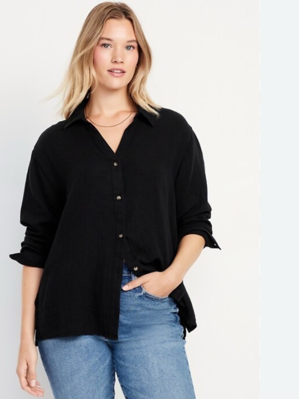 Crinkle Gauze Button-Down Boyfriend Shirt